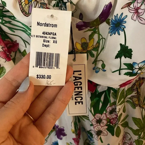 L'agence Elena Off-The-Shoulder 100% Silk Blouse White Multi Botanical Floral XS - Picture 7 of 13